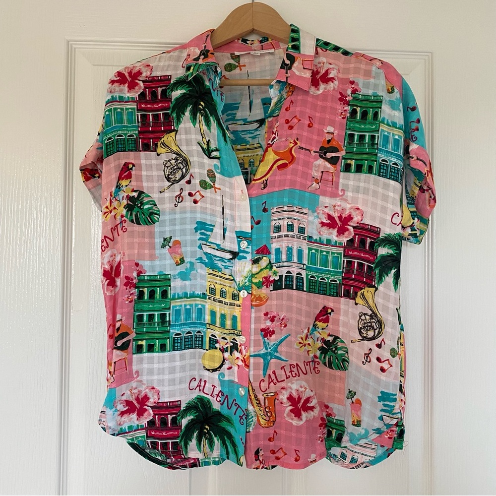 Jane and Delancey Caliente Shirt Womens M Button Short Sleeve Tropical Music